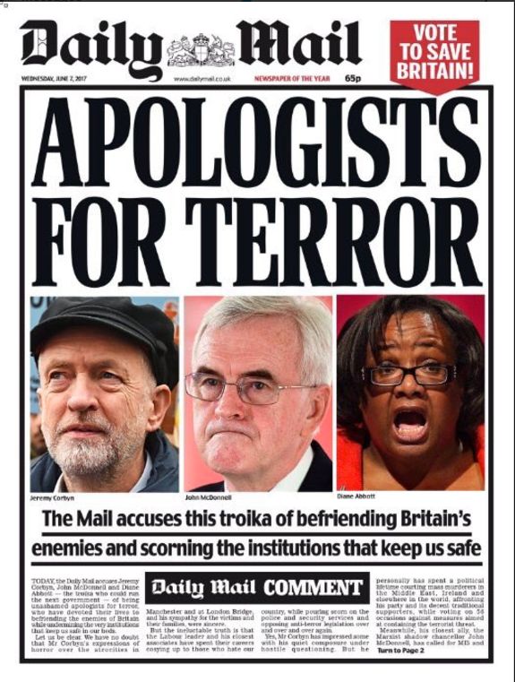 The Daily Mail's front page accused Corbyn of 'befriending Britain's enemies' 
