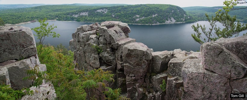 A view of the expansive Baraboo Hills from the 500 foot tall bluffs around Devil’s Lake.