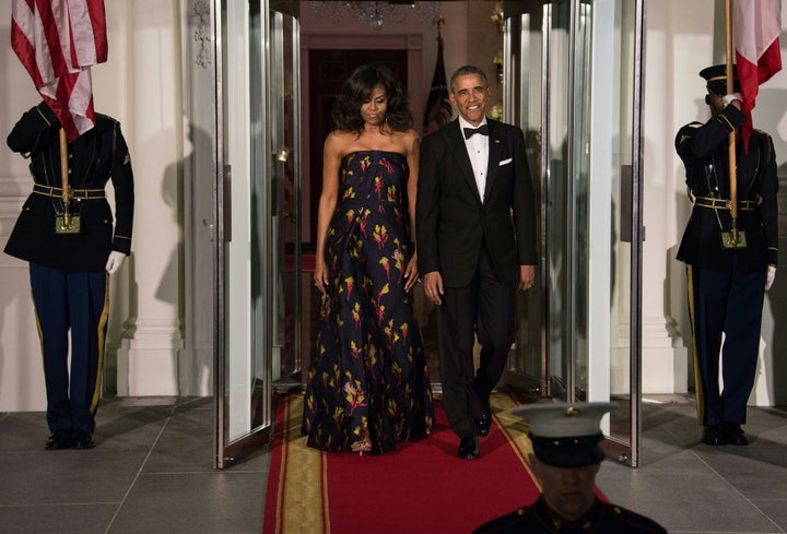 US President Barack Obama and First Lady Michelle Obama walk out to greet Canadian Prime Minister Justin Trudeau and his wife Sophie Gregoire Trudeau for a State Dinner in their honour at the White House in Washington, DC, on March 10 2016.