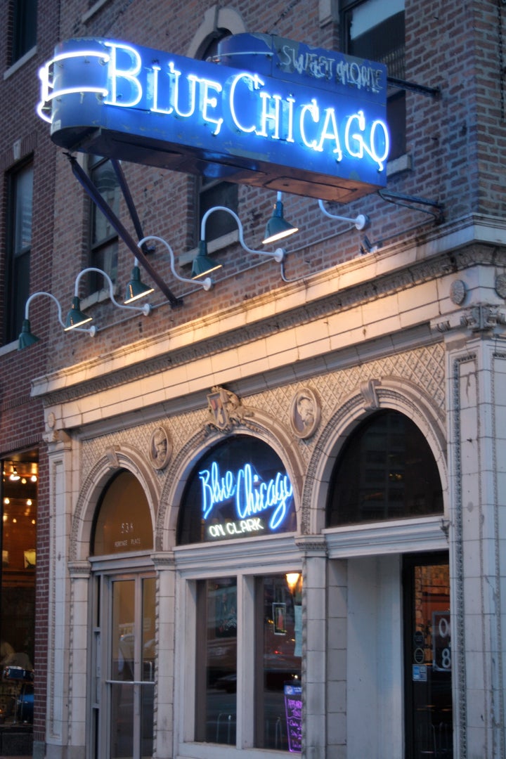 <p>The façade of Blue Chicago</p>