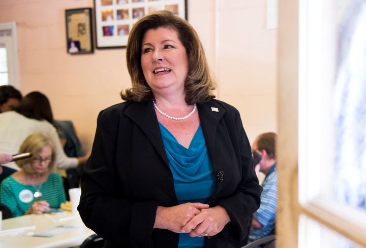 Republican Karen Handel, seen here campaigning in Roswell, Georgia, in April, said on Tuesday night that she does not support a "livable wage."