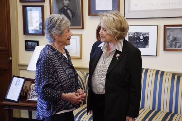 Thalia Cassuto, 86, talks about birth control access with Rep. Louise Slaughter (D-N.Y.) on Wednesday, the 52nd annivers