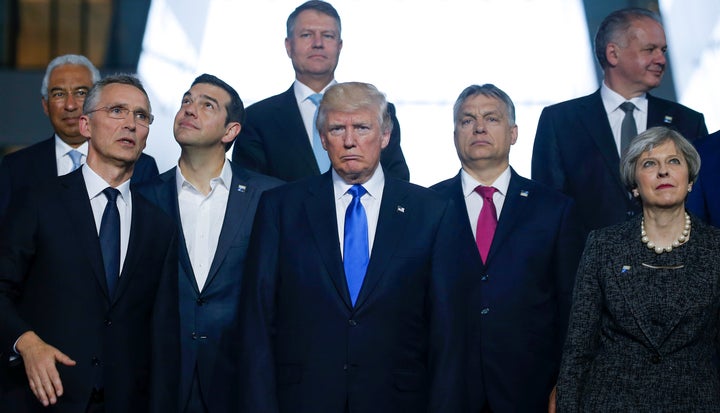 (L-R) Portuguese Prime Minister Antonio Costa, NATO Secretary General Jens Stoltenberg, Greek Prime Minister Alexis Tsipras, U.S. President Donald Trump, Hungarian Prime Minister Voktor Orban and Britain's Prime Minister Theresa May