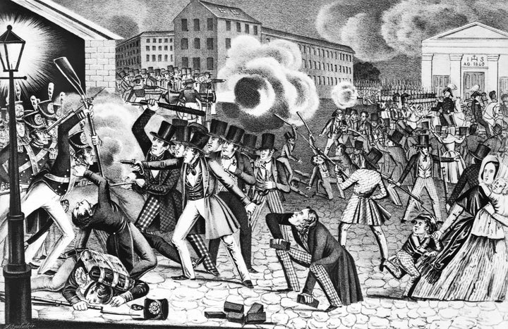 An illustration showcases anti-Catholic riots in Philadelphia in 1844. Irish Catholic immigration to Philadelphia boomed between 1830 and 1850. A rumor began spreading in the city that Catholics were trying to remove the Bible from public schools. Nativists in the city were furious and the tensions soon spilled out into riots. 