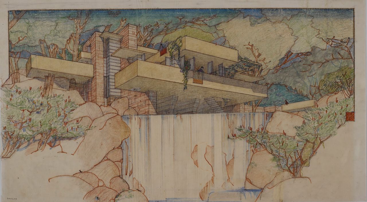 Frank Lloyd Wright's Fallingwater (Kaufmann House) in Mill Run, Pennsylvania (1934–37).