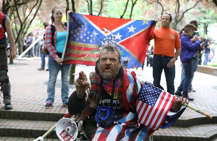 A conservative protester yells during competing demonstrations in Portland, Oregon, on June 4, 2017.