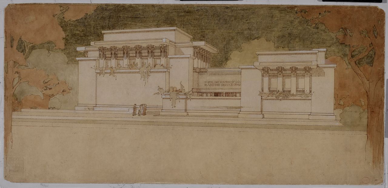 Frank Lloyd Wright's Unity Temple in Oak Park, Illinois (1905–08).