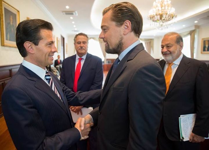 Mexican President Enrique Peña Nieto, actor Leonardo DiCaprio and billionaire Carlos Slim, right, meet before a Memorandum of Understanding is signed to protect the vaquita.