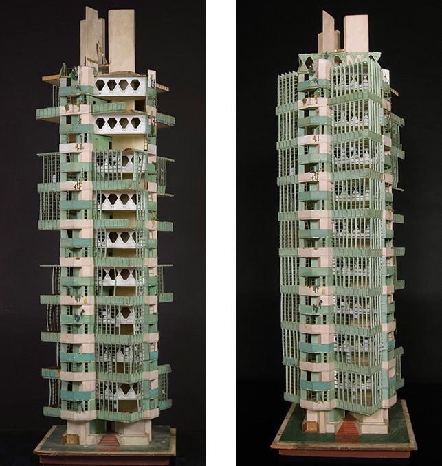 Frank Lloyd Wright's model for the unfinished St. Mark’s Tower, similar to the final design of the Price Tower.