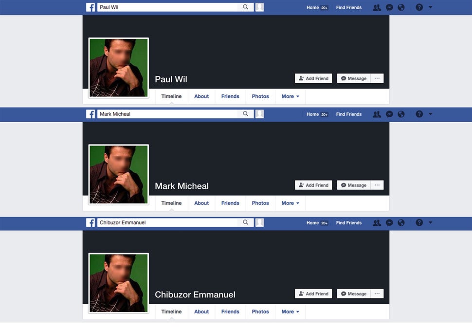 These Facebook profiles existed simultaneously, all using the same photo.