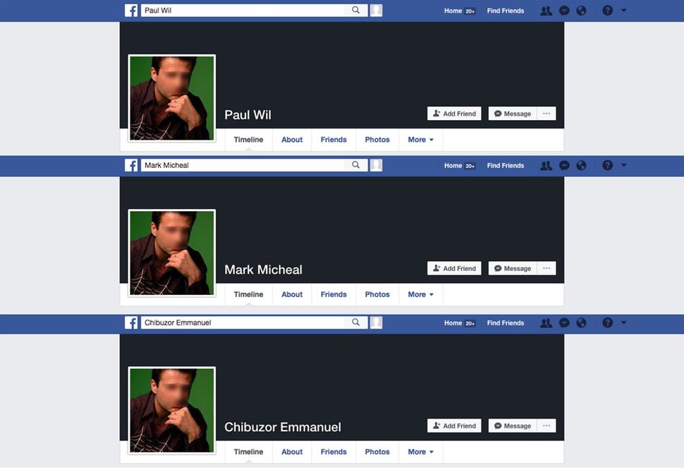 These Facebook profiles existed simultaneously, all using the same photo.