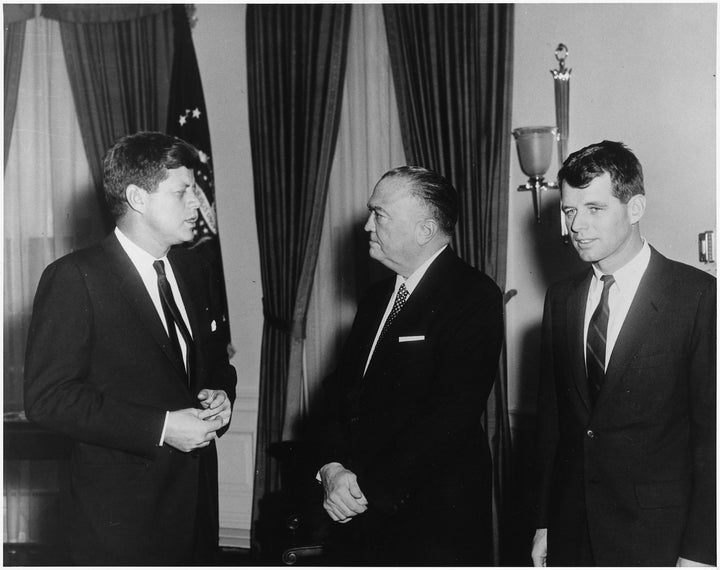 The Kennedy brothers and J. Edgar Hoover. <a href="https://upload.wikimedia.org/wikipedia/commons/8/81/Visit_of_Attorney_Gen