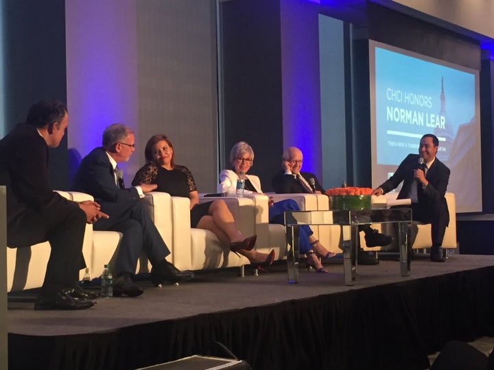 <p>(L to R): Comedian Paul Rodriguez; actor Tony Plana; actress Justina Machado; actress Rita Moreno, TV producer Norman Lear, Rep. Joaquin Castro</p>