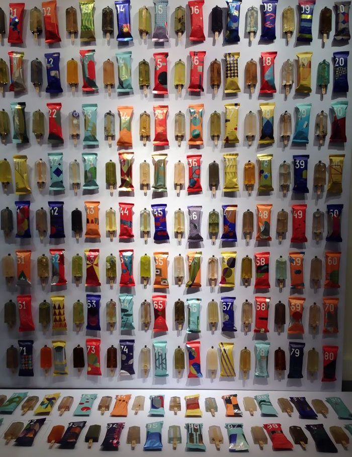 Each popsicle from the project displayed alongside its wrapper.