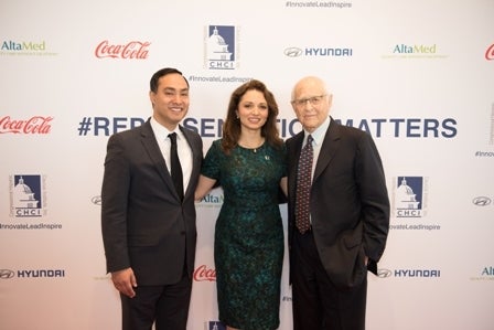 <p>Rep. Joaquin Castro; TV producer Norman Lear, and CHCI President & CEO Domenika Lynch</p>