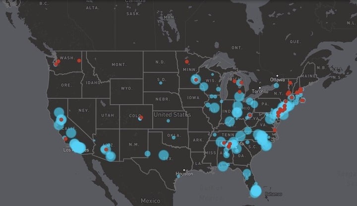 The PFC/PFOA contamination map shows (in blue) where water systems have detected the chemicals and (in red) where contamination sites have been identified or suspected.