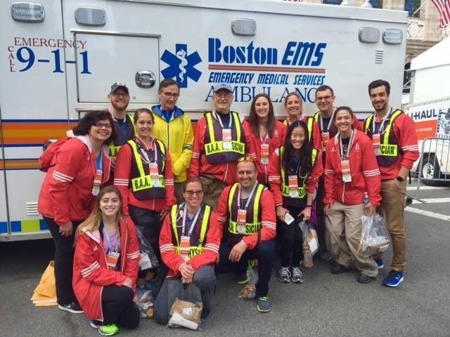 Dr. Lyle Micheli (center) with 2017 Boston Marathon volunteers