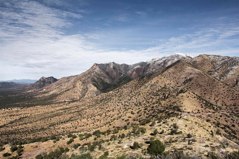 A view from Montezuma Pass of late season snow on the Huachuca Mountains.