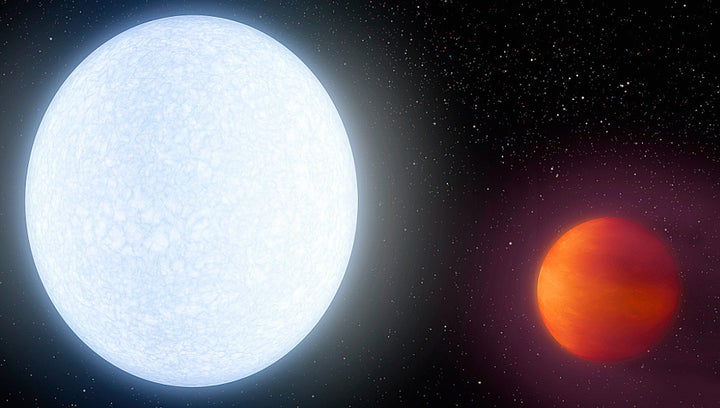 Artist’s illustration showing the bright star KELT-9 (left) and its ultrahot planet, KELT-9b.