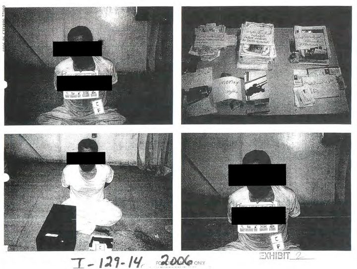 Black strips placed by censors mask the identity of detainees in an undated combination of photos from Iraq's Abu Ghraib prison.