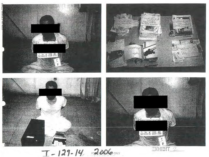 Black strips placed by censors mask the identity of detainees in an undated combination of photos from Iraq's Abu Ghraib pris