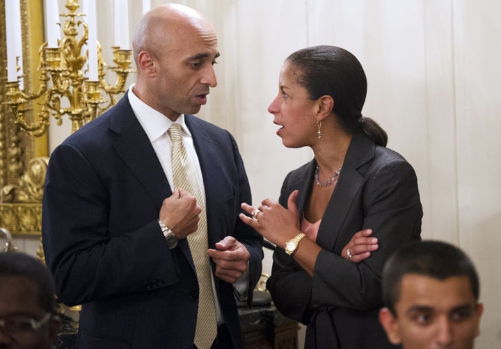 National security adviser Susan Rice speaks with Yousef Al Otaiba, ambassador of the United Arab Emirates, during a dinner ho
