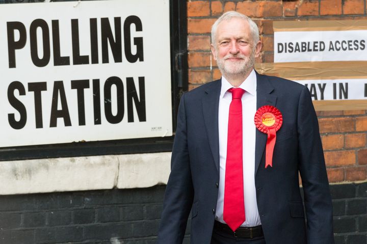 British Labour Party Leader Jeremy Corbyn leaves Pakeman Primary School polling station after casting his vote Thursday.