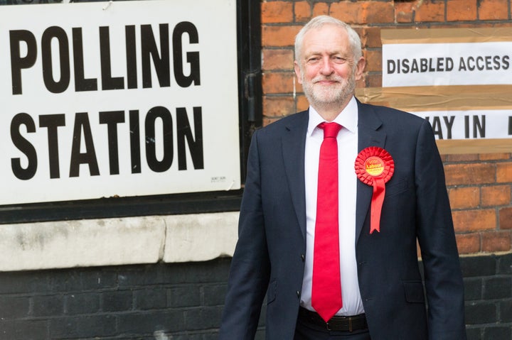 British Labour Party Leader Jeremy Corbyn leaves Pakeman Primary School polling station after casting his vote Thursday.