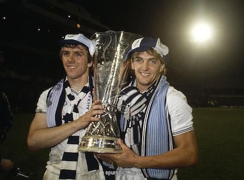 At his last Spurs match, Burkinshaw’s Spurs (Roberts and Mabbutt) hoist the UEFA Cup