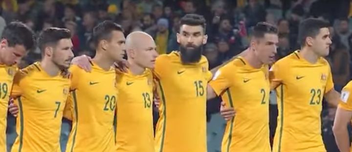 The Socceroos lined up in the centre circle to pay their respects to the dead, two of whom were Australian 