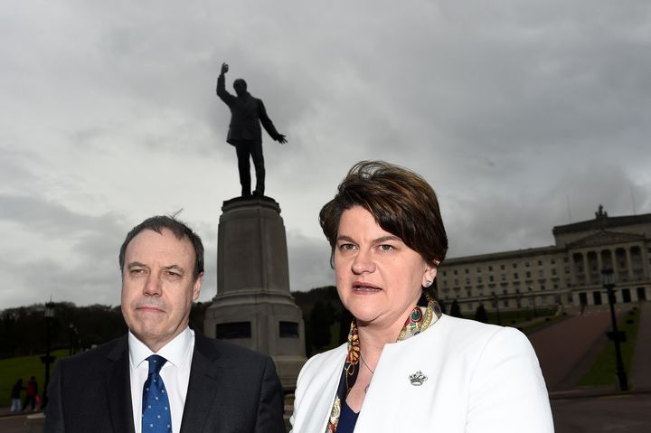 DUP leader Arelene Foster, right, and the party's Westminster leader Nigel Dodds, left, pictured in March