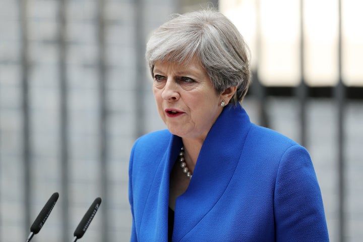 Prime Minister Theresa May speaks outside 10 Downing Street after returning from Buckingham Palace on June 9, 2017 in London,