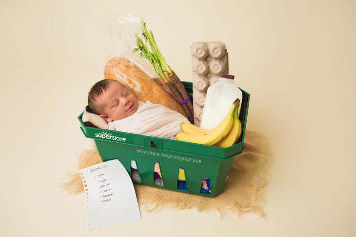 Naturally, the baby had a grocery store-themed newborn shoot.