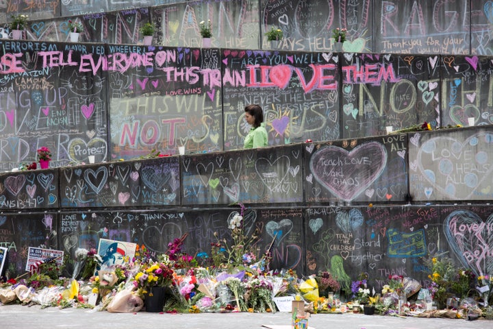 A memorial to the three men stabbed by a white supremacist in Portland, Oregon. 