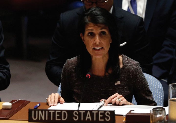 US AMBASSADOR to the United Nations Nikki Haley speaks following a vote at the Security Council. 