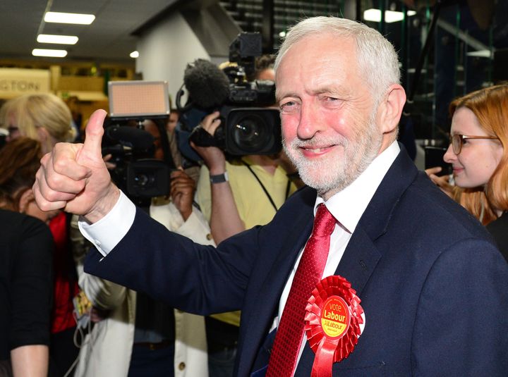 Labour leader Jeremy Corbyn arrives at the Sobell Leisure Centre in Islington, north London on election night.