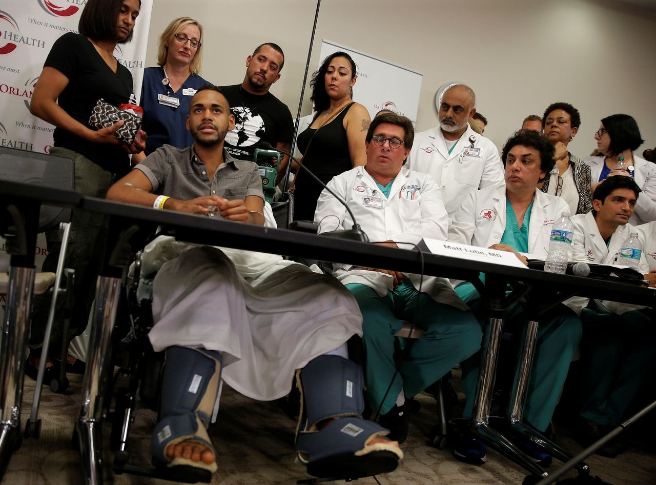 Gunshot survivor Angel Colon speaks at a news conference at the Orlando Regional Medical Center on the shooting at the Pulse gay nightclub in Orlando, Florida, June 14, 2016.