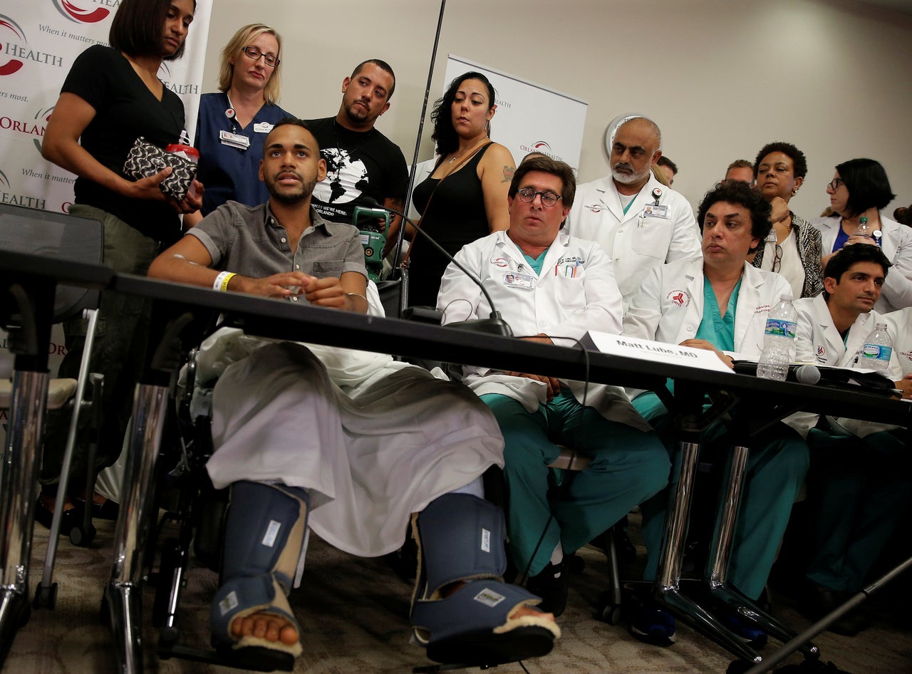 Gunshot survivor Angel Colon speaks at a news conference at the Orlando Regional Medical Center on the shooting at the Pulse gay nightclub in Orlando, Florida, June 14, 2016.