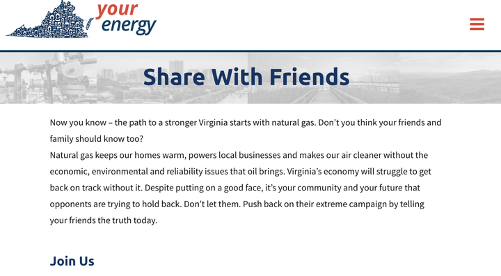 Your Energy Virginia calls on visitors to push back against its opponents' "extreme campaign by telling your friends the truth."