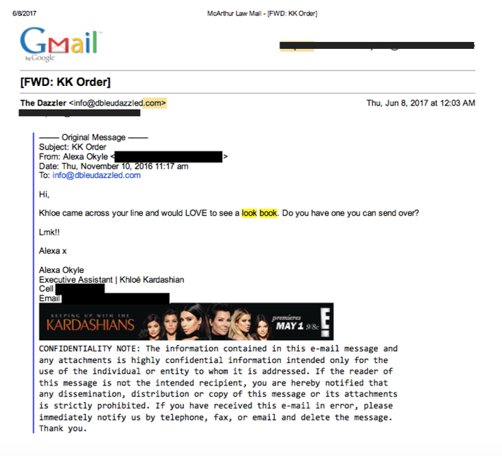 This alleged e-mail from Kardashian's assistant dates back to 2016.