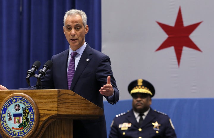 Chicago Mayor Rahm Emanuel delivers a speech on the city's surge in violence as Police Supt. Eddie Johnson listens in Chicago on Sept. 22, 2016.