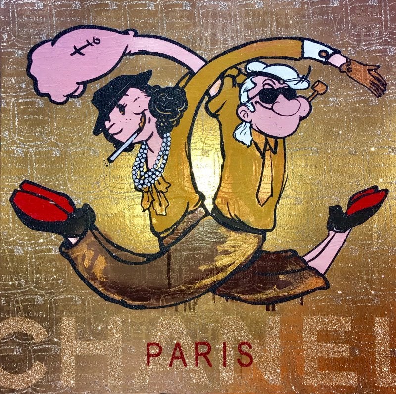 Skyler Grey, <em>Karl & Coco in Golden Wonderland</em>, silkscreen, acrylic, spray paint & diamond dust on archival 320 g