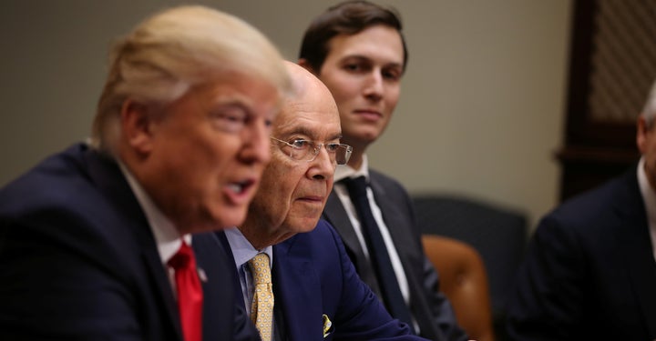 President Donald Trump, Secretary of Commerce Wilbur Ross and senior adviser Jared Kushner attend a meeting in the White House.