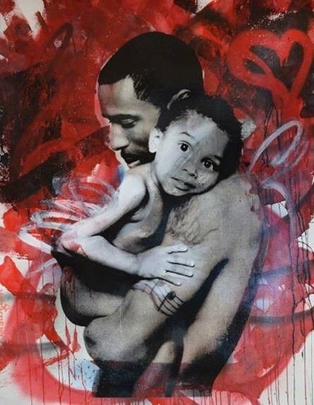 <p>Skyler Grey, <em>Father and Child (Tornado)</em>, 2014, Silkscreen, aerosol, acrylic, automotive paint on 320 gsm hand-torn archival paper, 58 × 43 in., 147.3 × 109.2 cm. Collection of Coral Springs Museum of Art.</p>