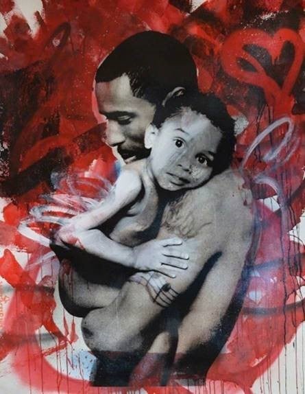 Skyler Grey, Father and Child (Tornado), 2014, Silkscreen, aerosol, acrylic, automotive paint on 320 gsm hand-torn archival paper, 58 × 43 in., 147.3 × 109.2 cm. Collection of Coral Springs Museum of Art.