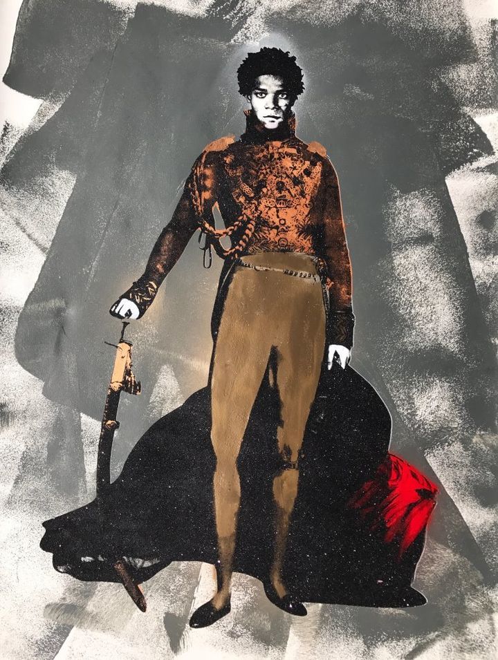 <p>Skyler Grey, <em>King Jean</em>-<em>Michel in All of His Regal Nature, </em>silkscreen, acrylic, spray paint & diamond dust on archival 320 gsm paper with hand-torn edge, 57 x 42 in.</p>