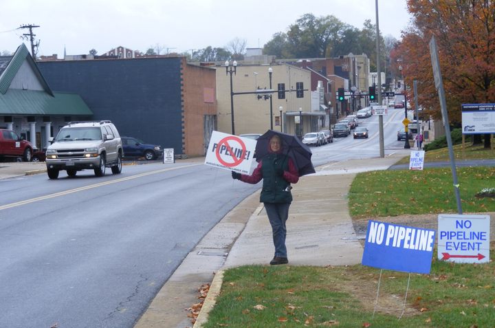 Nancy Beall protests the proposed Atlantic Coast Pipeline in the Shenandoah Valley town of Waynesboro, Virginia, in November 2014.