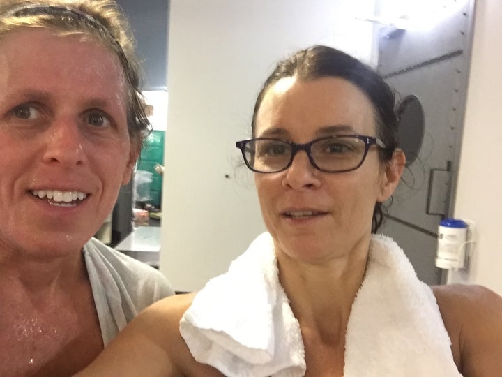 <p>Lianne (No Nut Traveler) and Karen (new food allergy mom) post spin class. <strong><em>Another allergy mom to add to the club. We don’t recruit yet are growing in numbers.</em></strong></p>