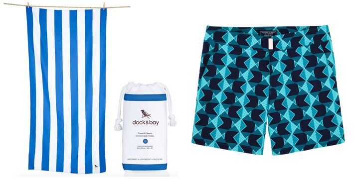 Quick Dry Beach Towel from Dock & Bay and Merise Superflex Graphic Fishes Swimwear from Vilebrequin.