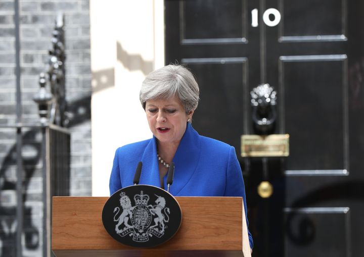 Theresa May makes a statement in Downing Street after she traveled to Buckingham Palace for an audience with Queen Elizabeth II following the General Election results.